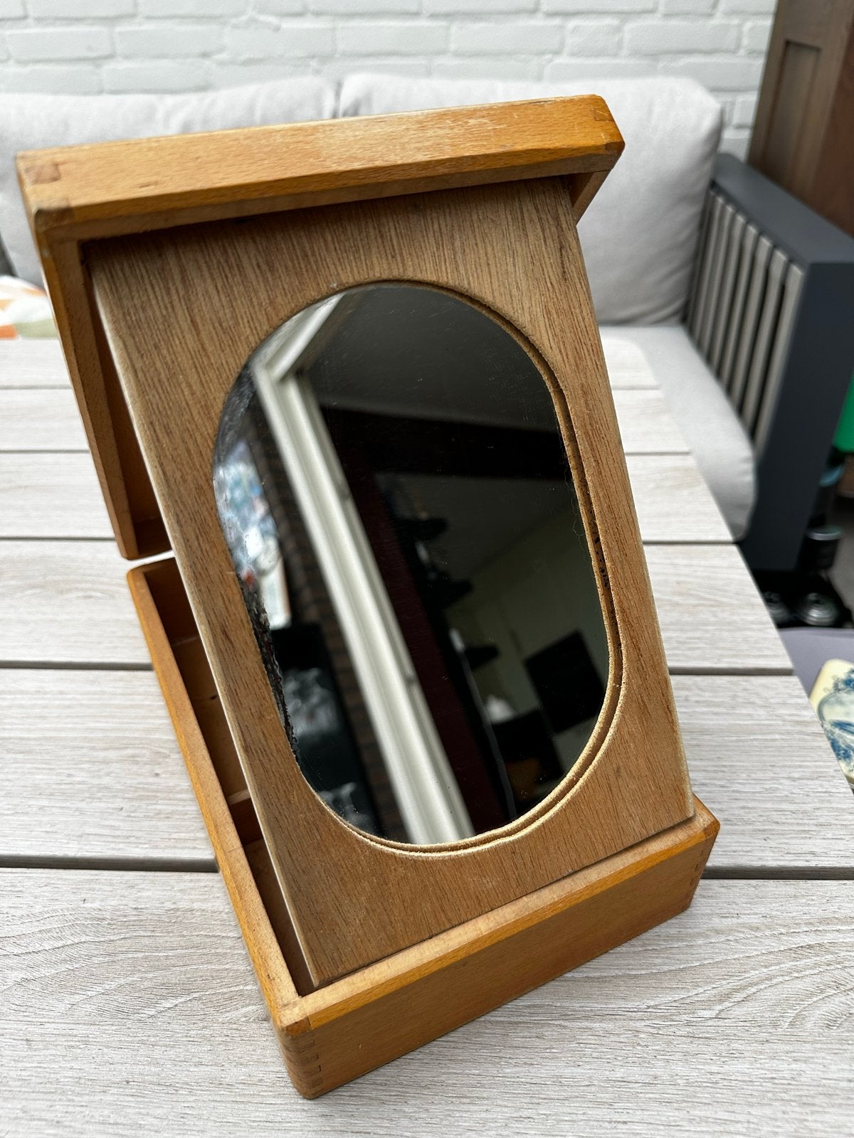 Vintage houten scheerdoos met spiegel, Ophalen of Verzenden