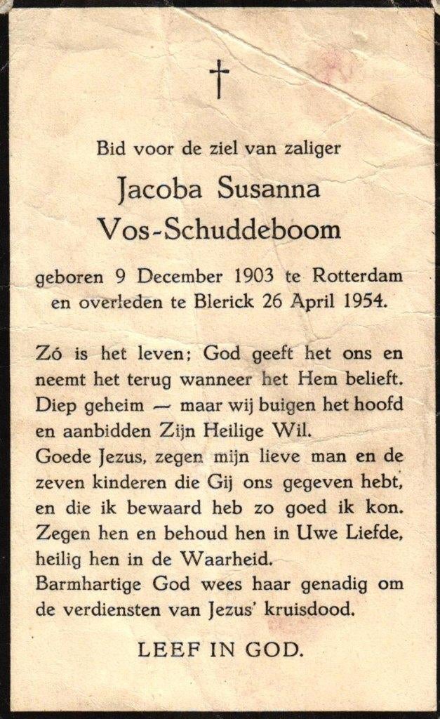 Schuddeboom Jacoba Susanna Rotterdam 1903-1954 Blerick, Verzamelen, Ophalen of Verzenden
