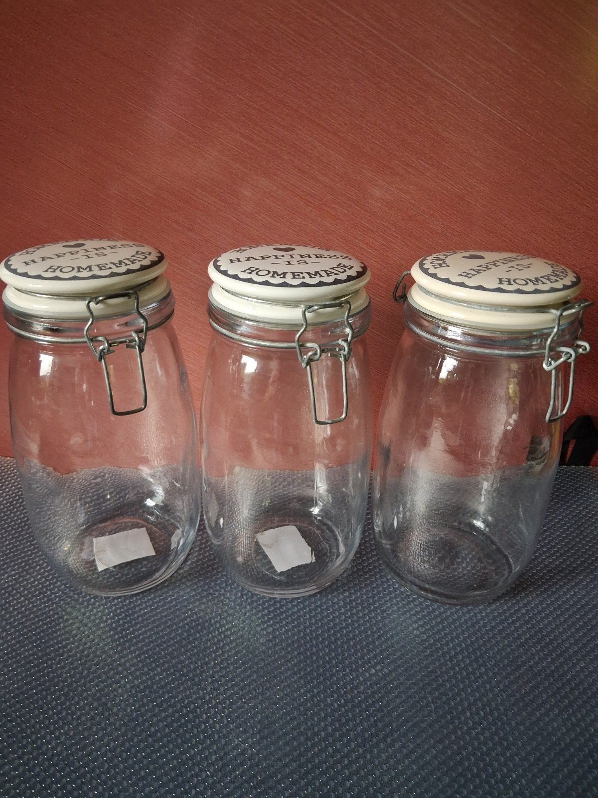 Set van 3 voorraadpotten met beugelsluiting en tekst, Ophalen of Verzenden, Voorraadpot, Meerkleurig, Glas