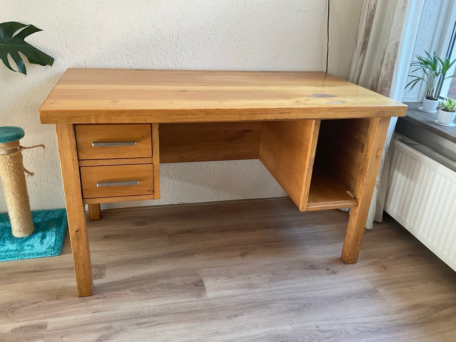 Blank eiken bureau met lades en opbergvak, Ophalen, Gebruikt, Bruin, Hout