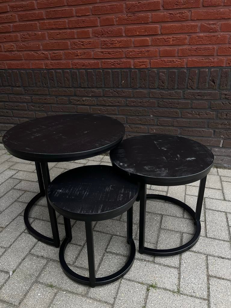 Moet weg! 3 zwarte ronde bijzet- of salontafels mangohout, Huis en Inrichting, Tafels | Bijzettafels, Ophalen, Minder dan 45 cm