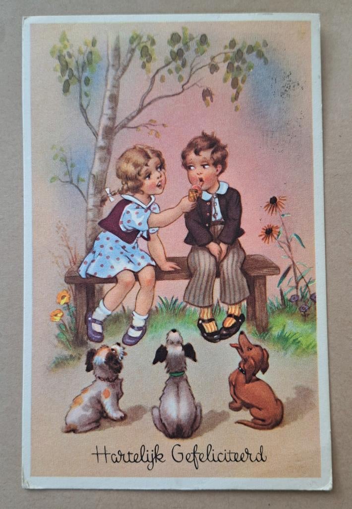 Vintage Ansichtkaart: IJsje delen, kinderen met 3 hondjes, Ophalen of Verzenden, 1940 tot 1960, Gelopen, Overige thema's