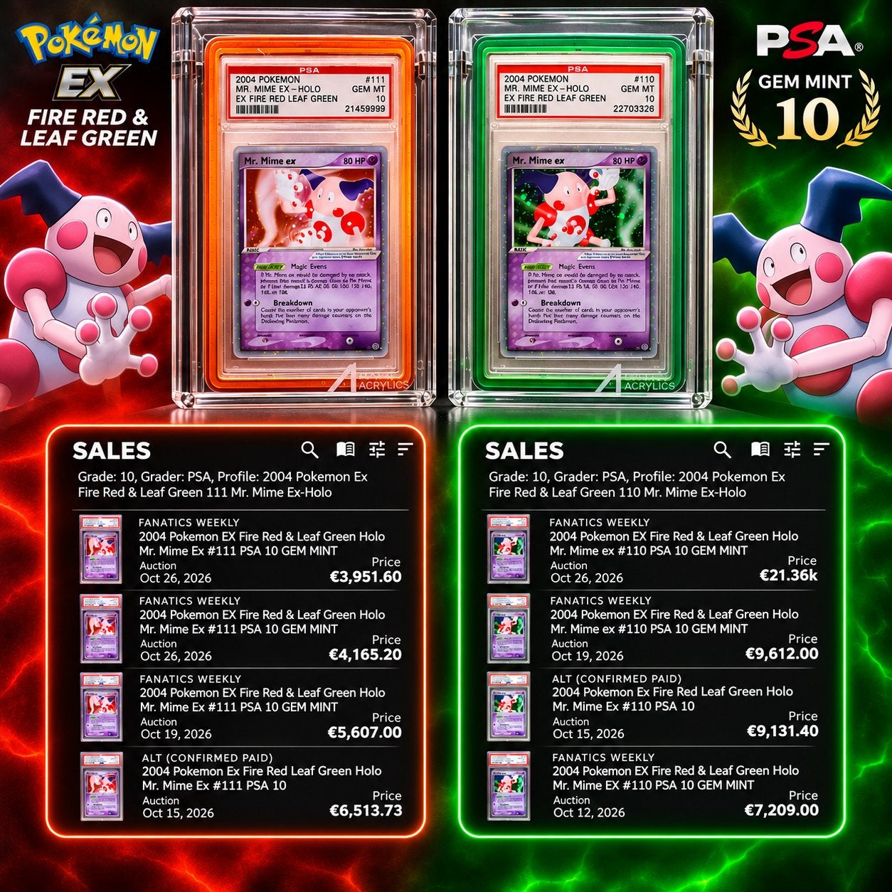 PSA 10 vintage Set Mr. Mime ex Holo - Fire Red Leaf Green, Ophalen, Zo goed als nieuw, Losse kaart, Foil