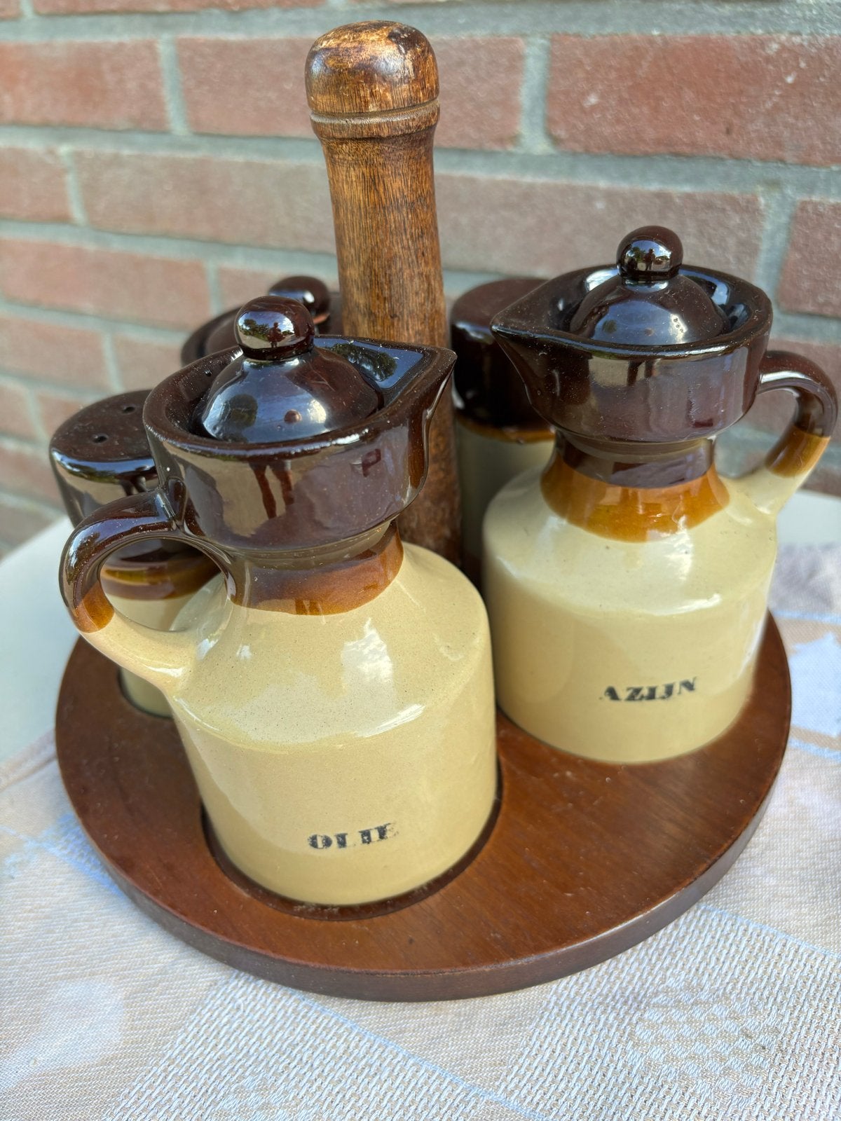Vintage kruidenpotjes set met houten houder, Ophalen of Verzenden