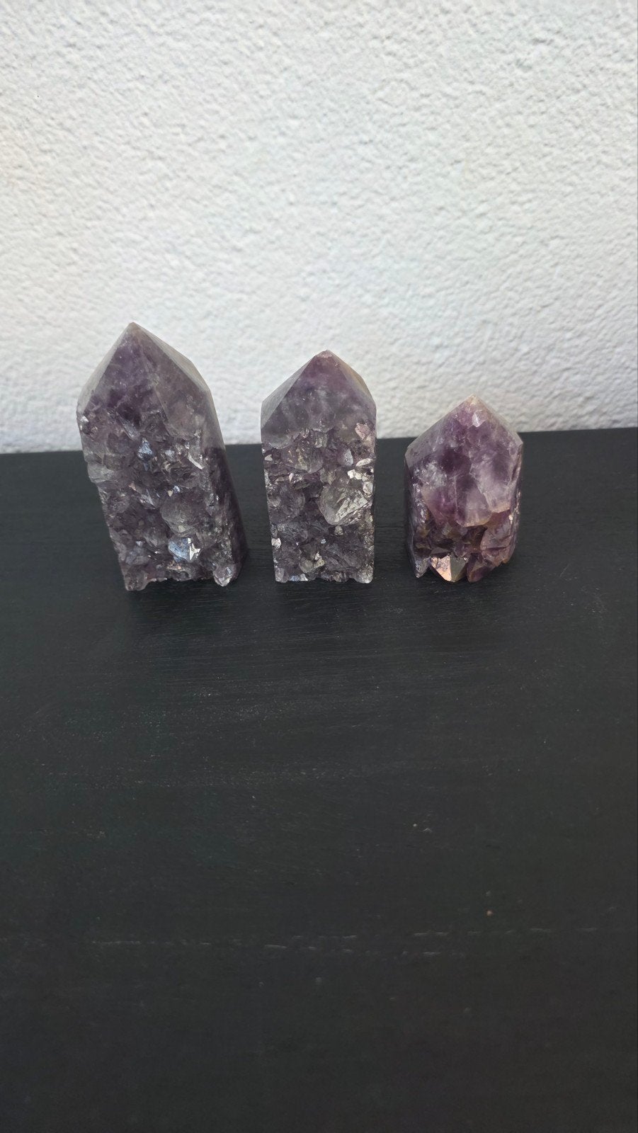 Amethist torens - Set van 3 natuurlijke kristallen, Ophalen, Zo goed als nieuw, Paars, Natuurlijk materiaal
