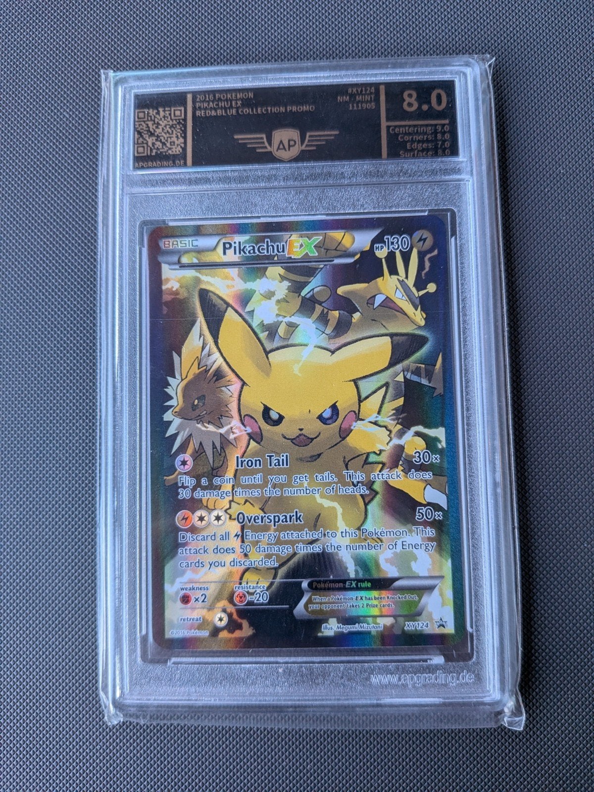 Pikachu EX Red & Blue Collection Promo AP Graded 8.0, Ophalen of Verzenden, Zo goed als nieuw, Losse kaart