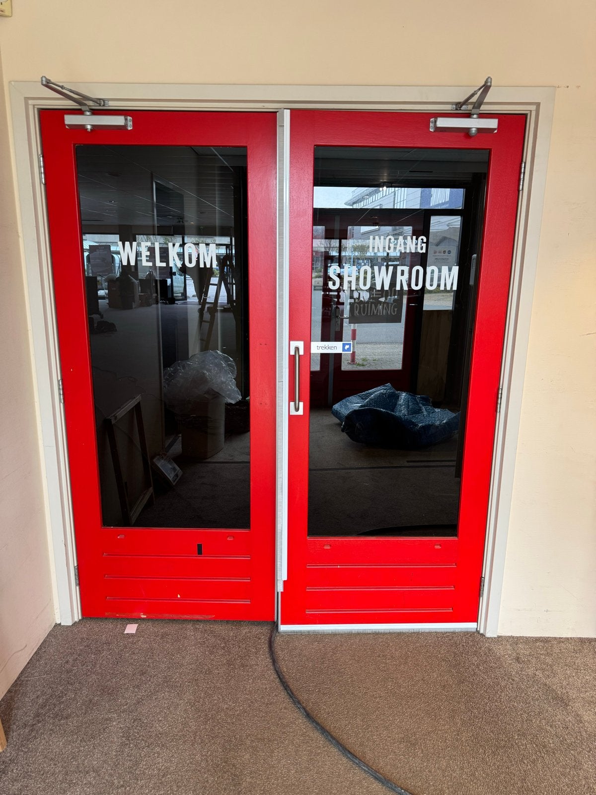 Dubbele rode glazen deuren met deurbeslag, Gebruikt, Binnendeur, Ophalen of Verzenden, Hout