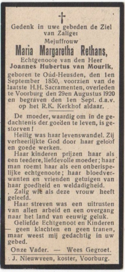 Maria M. Rethans 1850 Oud-Heusden + 1920 Voorburg, 69 jaar, Verzenden