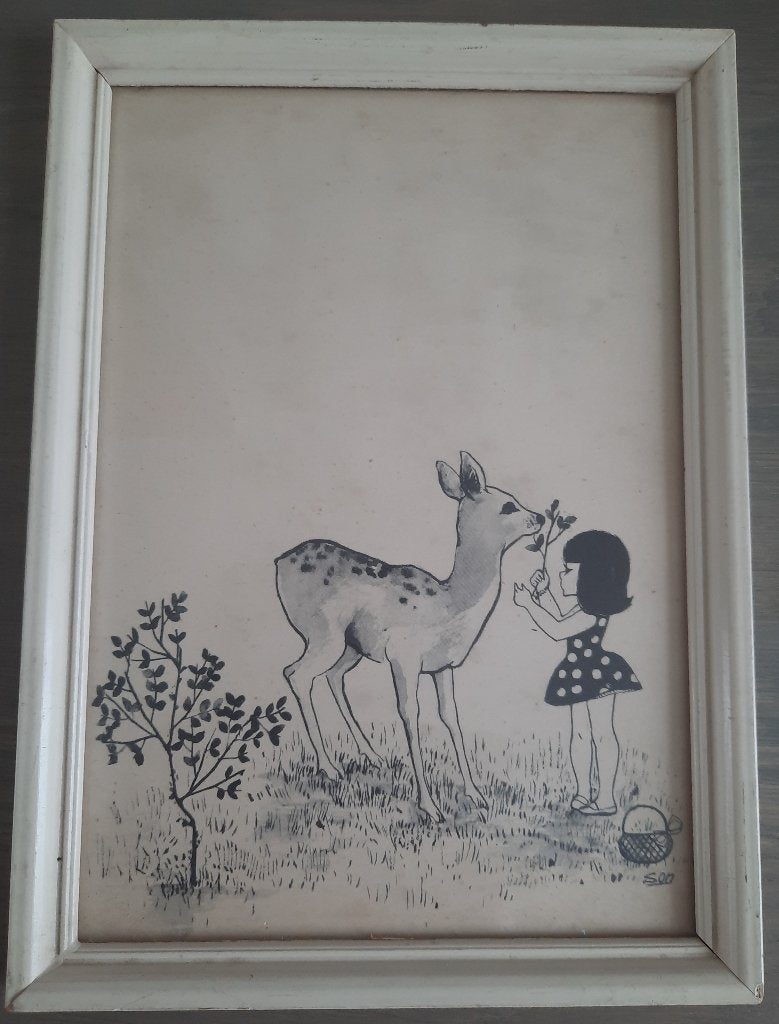 vintage schilderijtje hertje met meisje, Dieren, Ophalen of Verzenden, Tekening, Papier