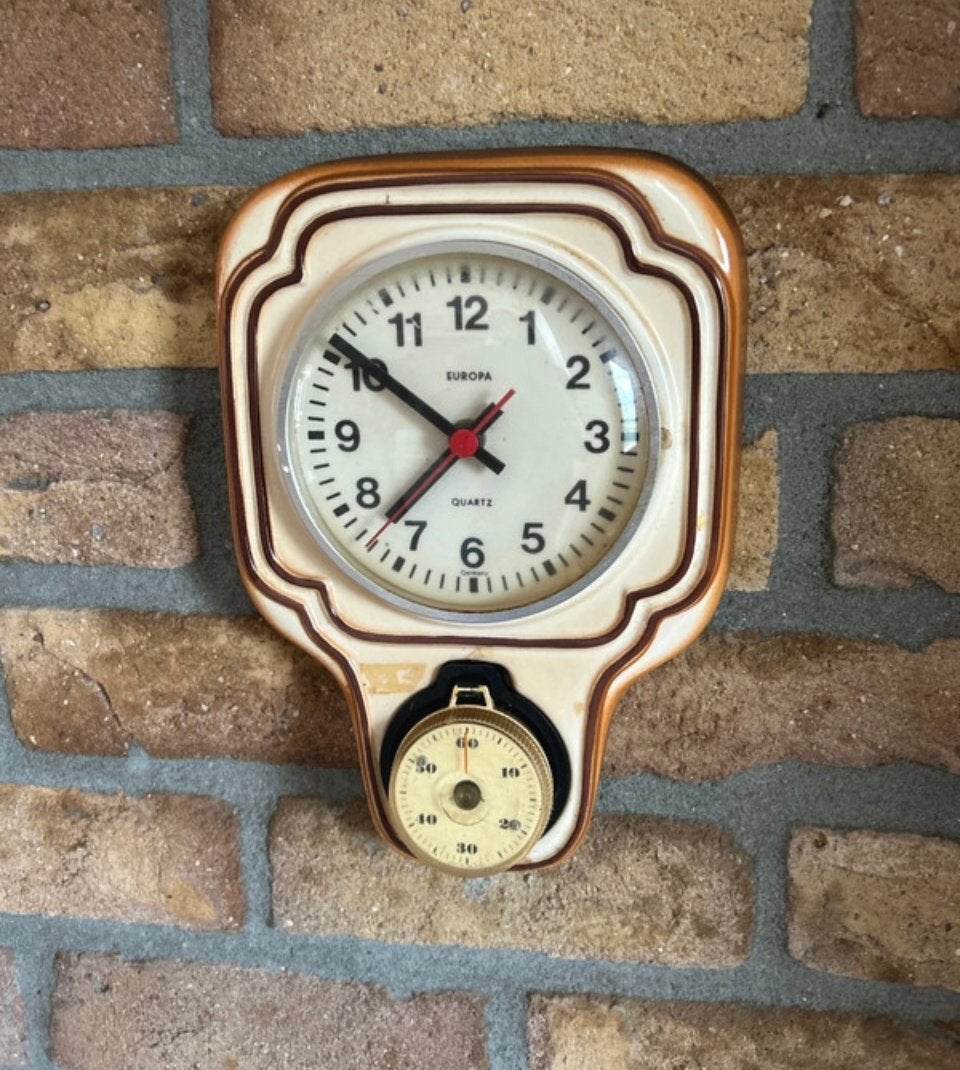 Vintage porseleinen wandklok met timer/kookwekker, Ophalen of Verzenden
