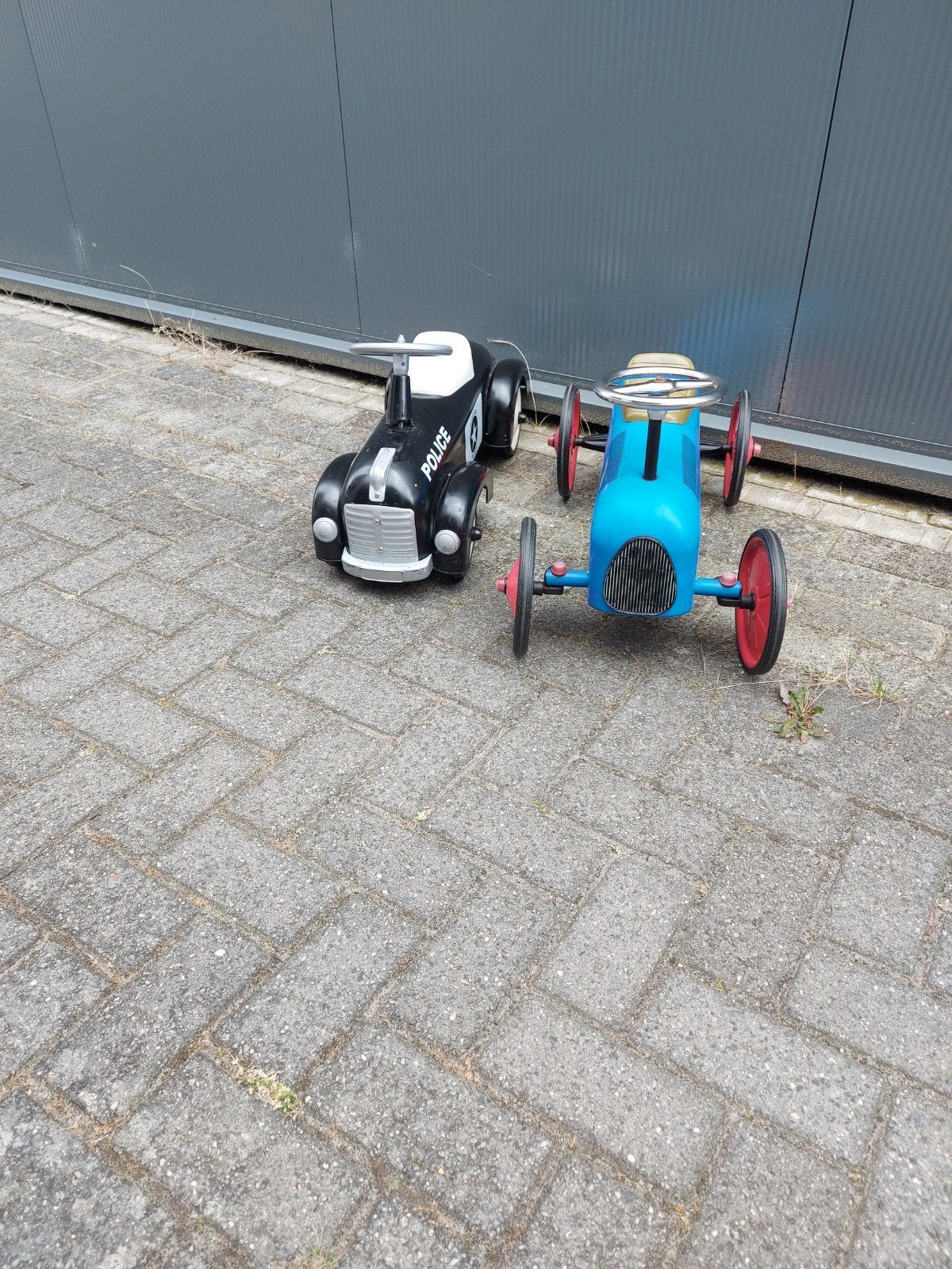 2x Retro Loopauto: Politie & Raceauto, Ophalen, Gebruikt