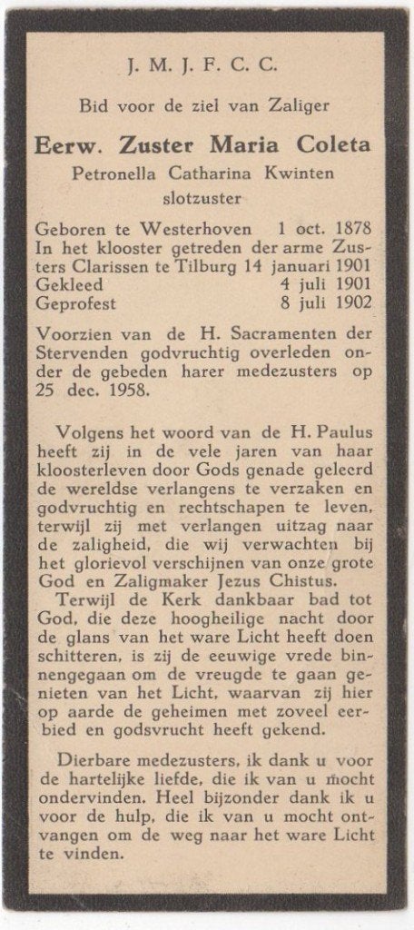 zr. Petronella Kwinten 1878 Westerhoven + 1958 Tilburg, Ophalen of Verzenden