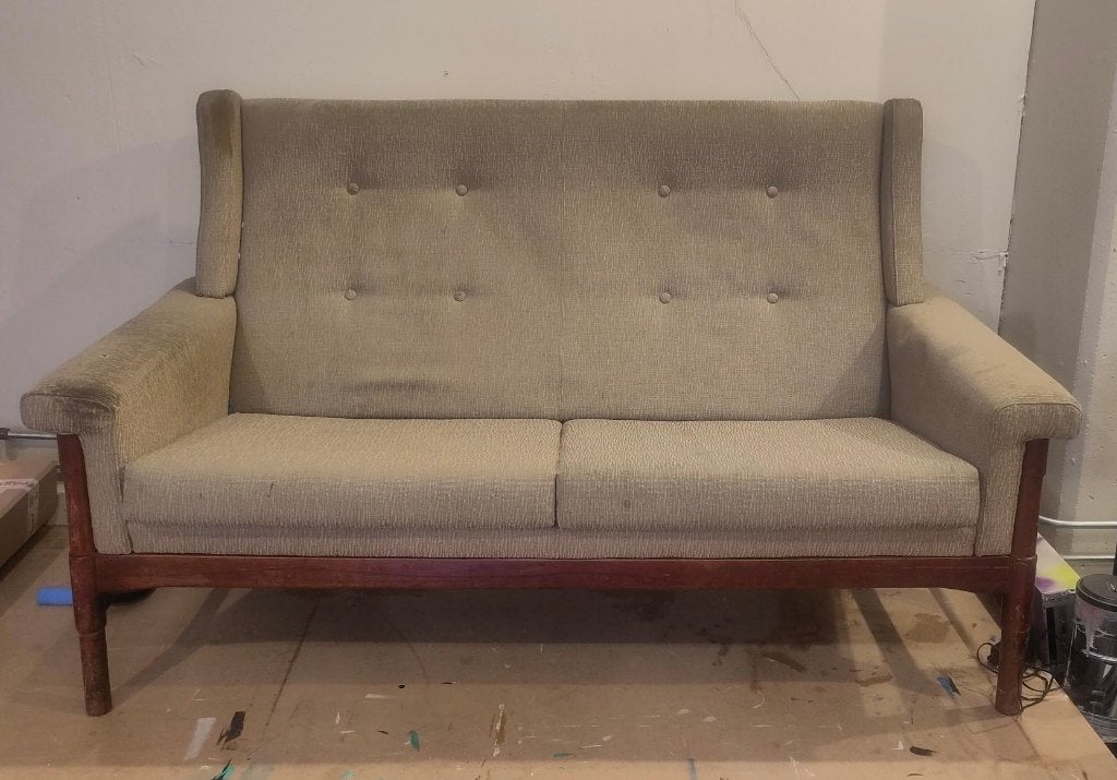 Vintage tweezitsbank en fauteuil met houten frame, Ophalen, Gebruikt, Minder dan 75 cm, Tweepersoons