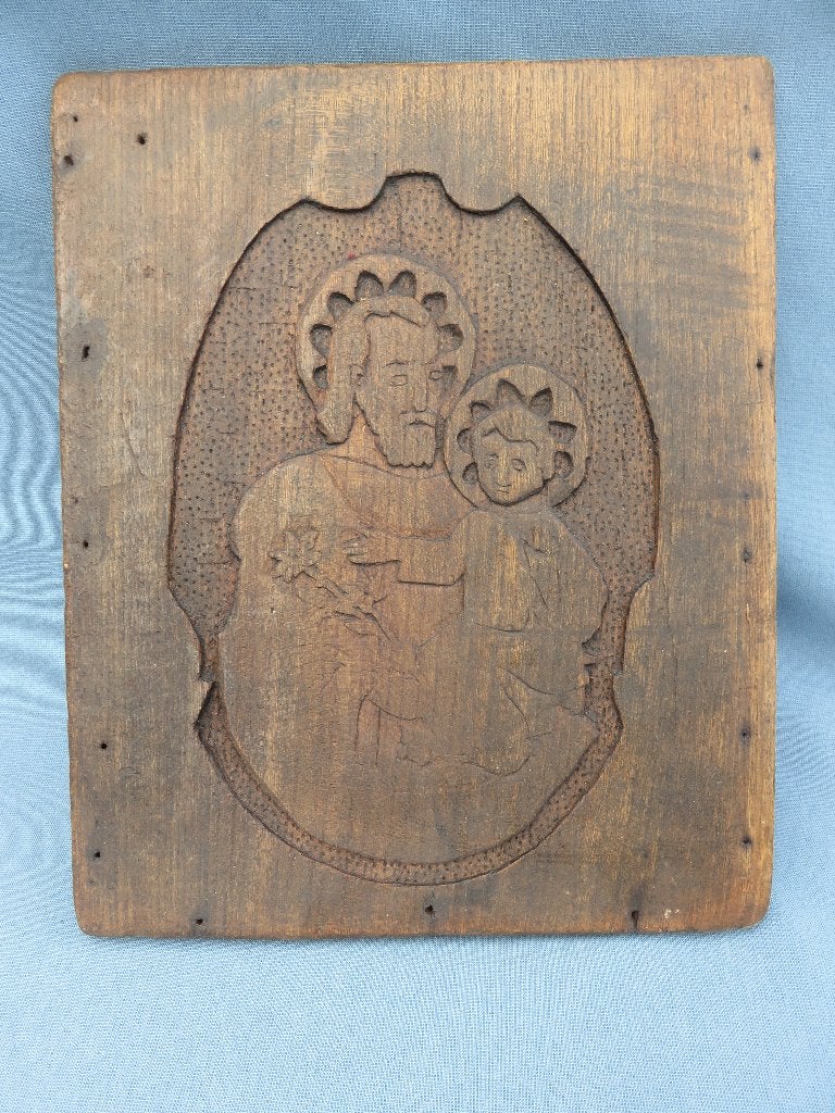 Hout snijwerk paneel – heilige Jozef met Christus - 19e eeuw, Antiek en Kunst, Antiek | Religie, Ophalen of Verzenden