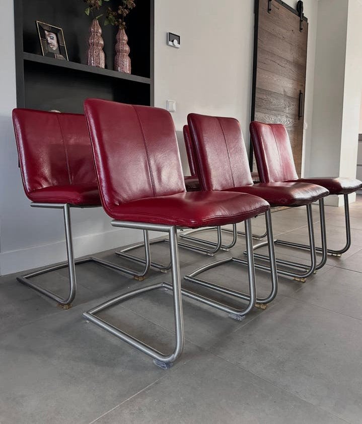 4/6 rood lederen Henders en Hazel design stoelen rvs frame, ---, Henders en Hazel, Ophalen of Verzenden, Zo goed als nieuw