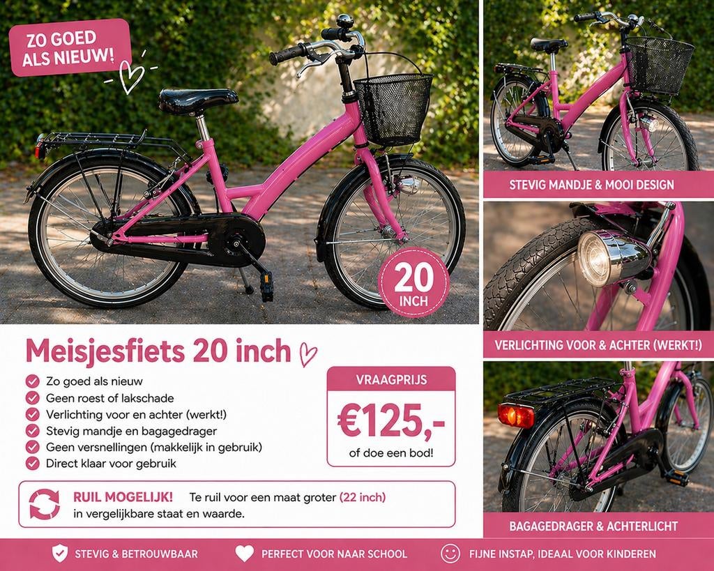 Meisjesfiets 20 inch - Zo goed als nieuw, Fietsen en Brommers, Fietsen | Meisjes, Ophalen, Terugtraprem, 20 inch, Handrem
