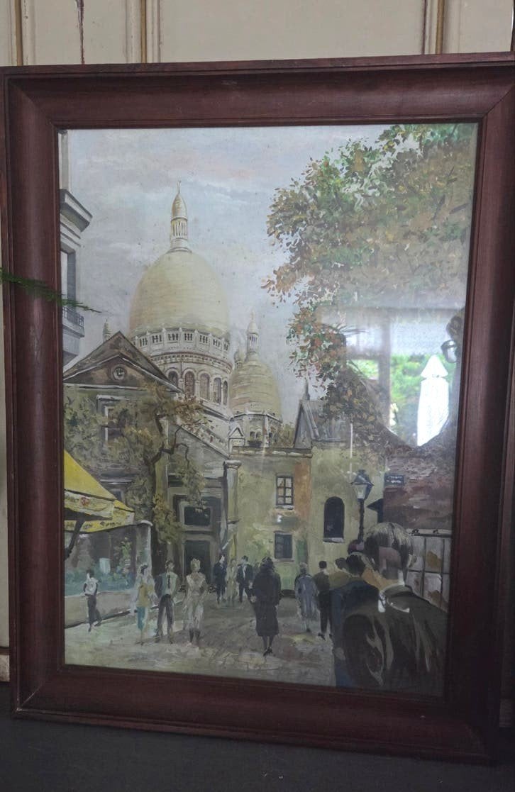 Groot gesigneerd pastel schilderij van Parijs ca 1950, Antiek en Kunst, Kunst | Schilderijen | Klassiek, Ophalen