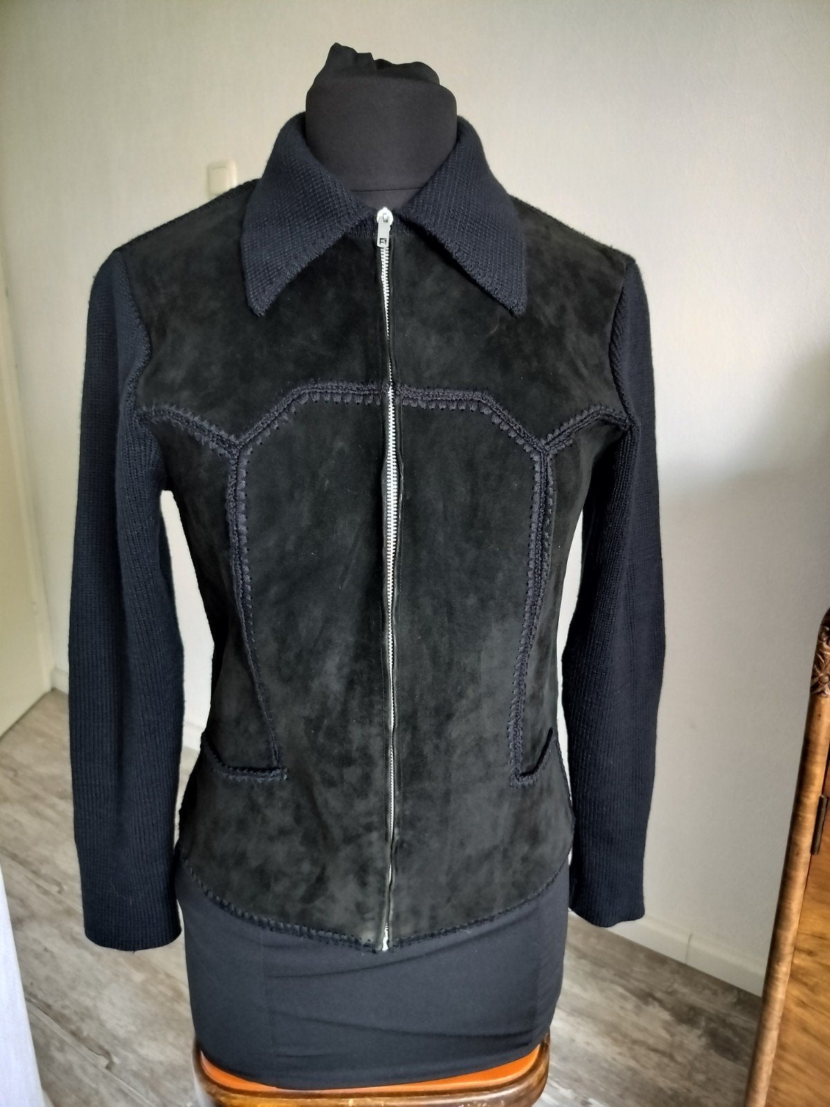 Vintage vest/jasje. Leer patchwork, Kleding | Dames, Ophalen of Verzenden, Zo goed als nieuw, Maat 38/40 (M), Zwart