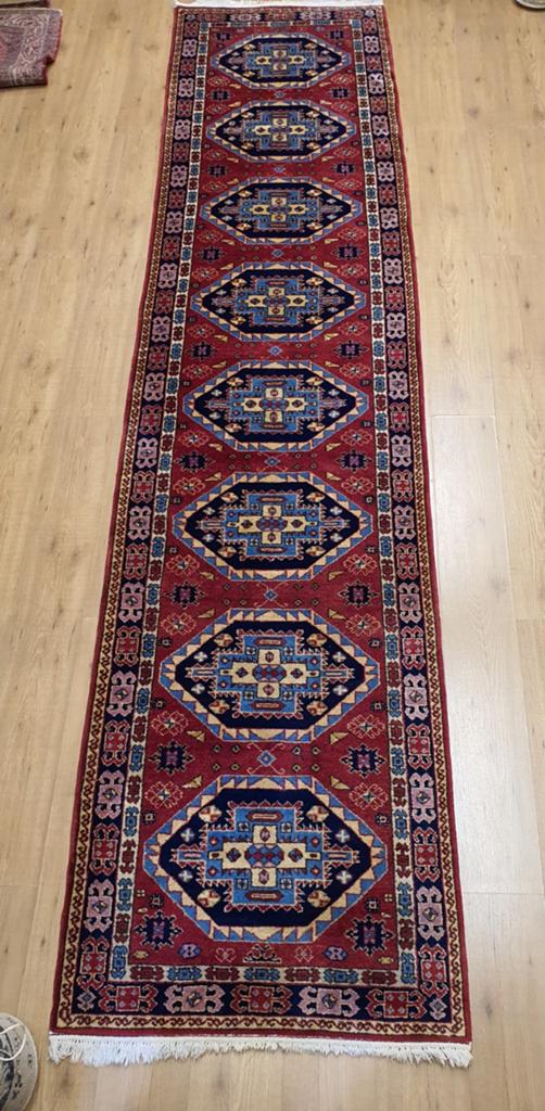 Vintage handgeknoopt perzisch tapijt loper kazak 400x90, Info@SlatsAntiek.nl, Tweedehands, Perzisch, 200 cm of meer