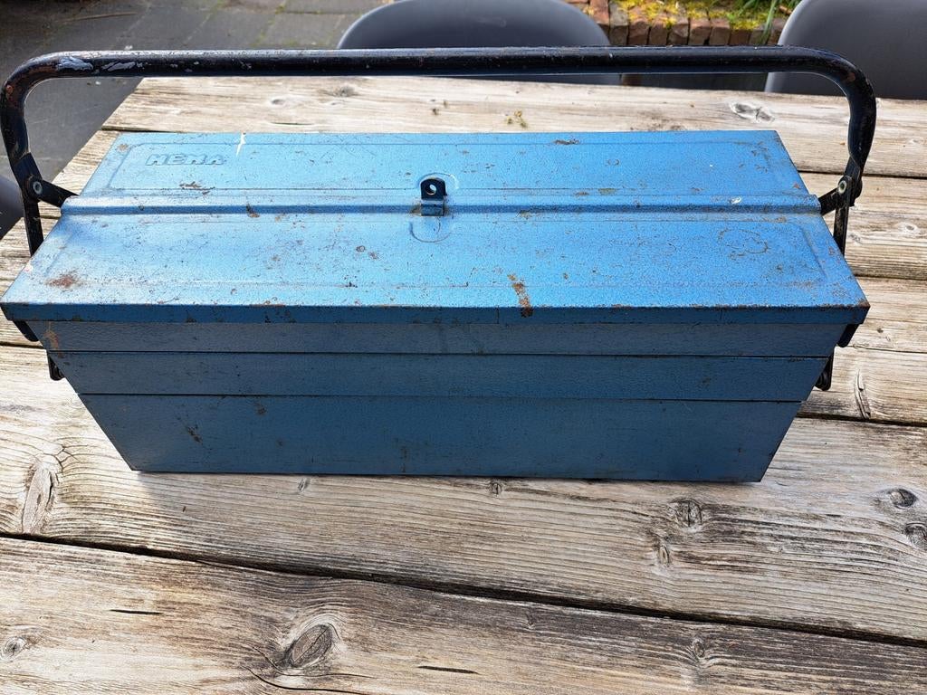 Vintage Gereedschapskist - Blauw Metalen Opbergkist, Ophalen of Verzenden, Gebruikt