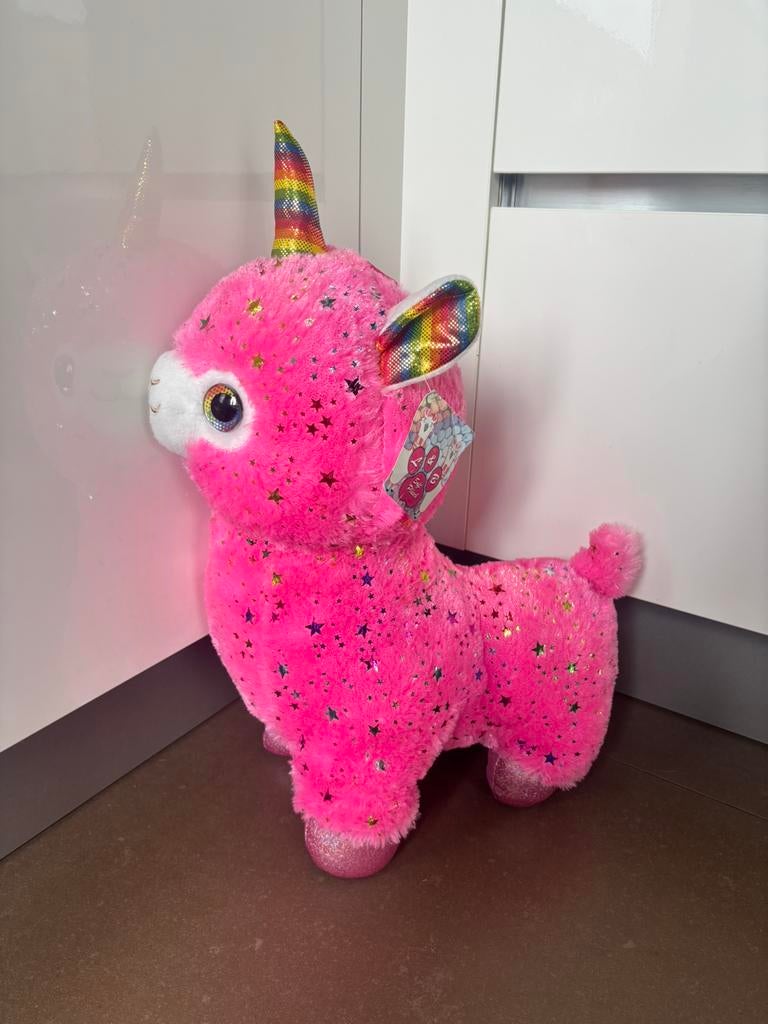 XL roze alpaca knuffel met regenboog hoorn eenhoorn unicorn, Ophalen of Verzenden, Zo goed als nieuw, Overige typen