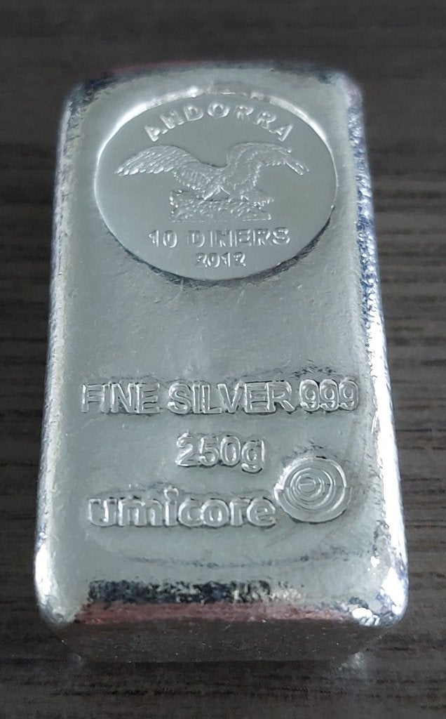 Muntbaar zilver van 250 gram UMICORE (Andorra 10 diners 2012, Ophalen of Verzenden, Zilver