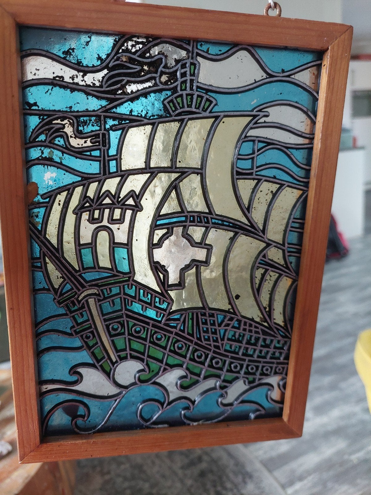 Vintage glas-in-lood schilderij van een schip, Verzenden