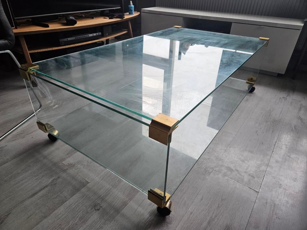 Glazen hollywood regency design vintage tafel op wieltjes, Ophalen, 100 tot 150 cm, Vintage, 50 tot 100 cm