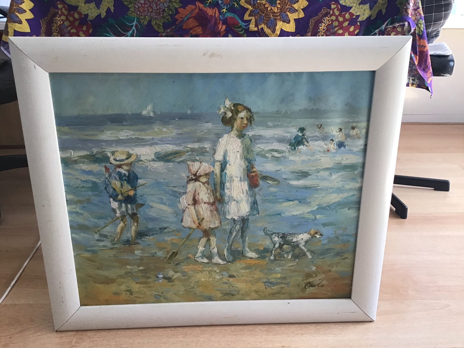 Schilderij Kinderen op het strand 70x60cm, Doek, Portret of Personen, Realistisch, Ophalen of Verzenden