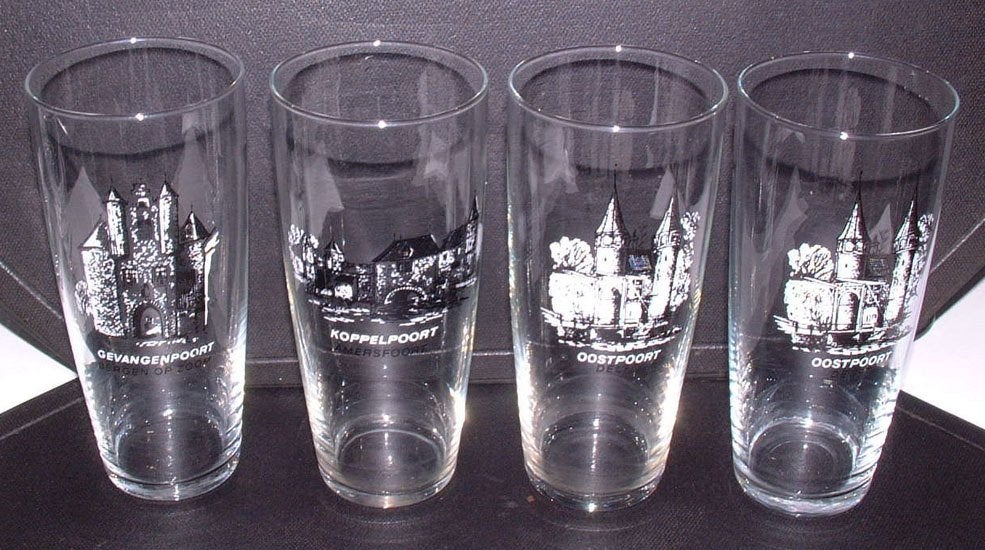 Glazen Historische Gebouwen Glas Bierglas Fluitje 4 stuks, Ophalen of Verzenden, Nieuw, Bierglas