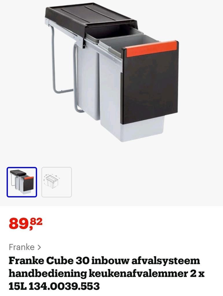 Franke Cube 30 Inbouw Afvalsysteem 2x15L, Huis en Inrichting, Woonaccessoires | Prullenbakken, Ophalen, Kunststof, Minder dan 50 cm
