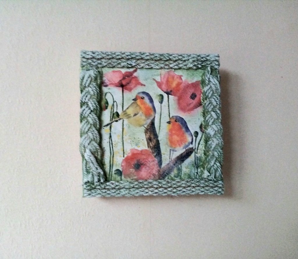 Uniek roodborst schilderij canvas vogel klaproos klaprozen, Huis en Inrichting, Ophalen, Minder dan 50 cm, Oorspronkelijke maker