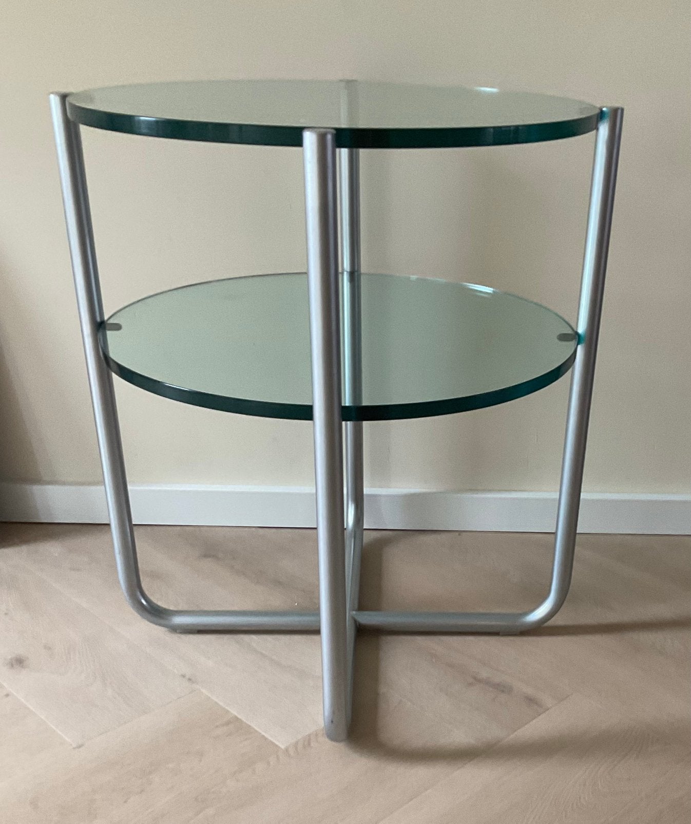 Dutch design Gispen bijzettafel glas, Huis en Inrichting, Tafels | Bijzettafels, Minder dan 55 cm, Rond, Dutch design, Ophalen