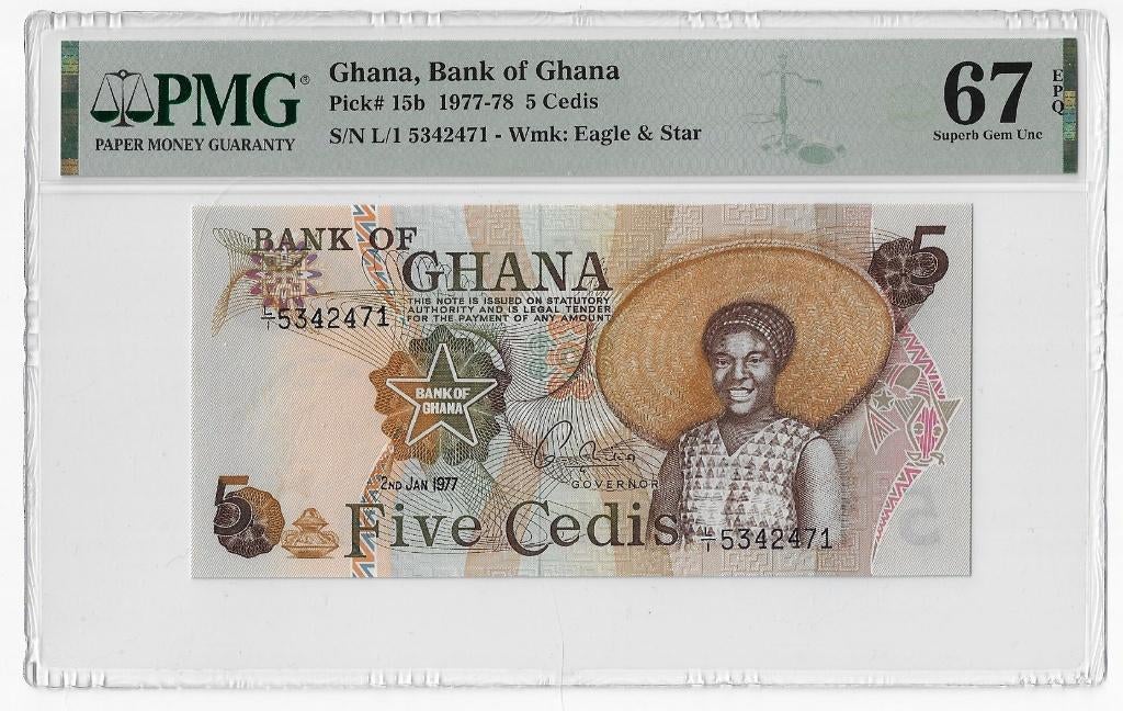 Ghana 5 Cedes 1977 Unc PMG 67 EPQ, Ophalen of Verzenden, Overige landen, Los biljet