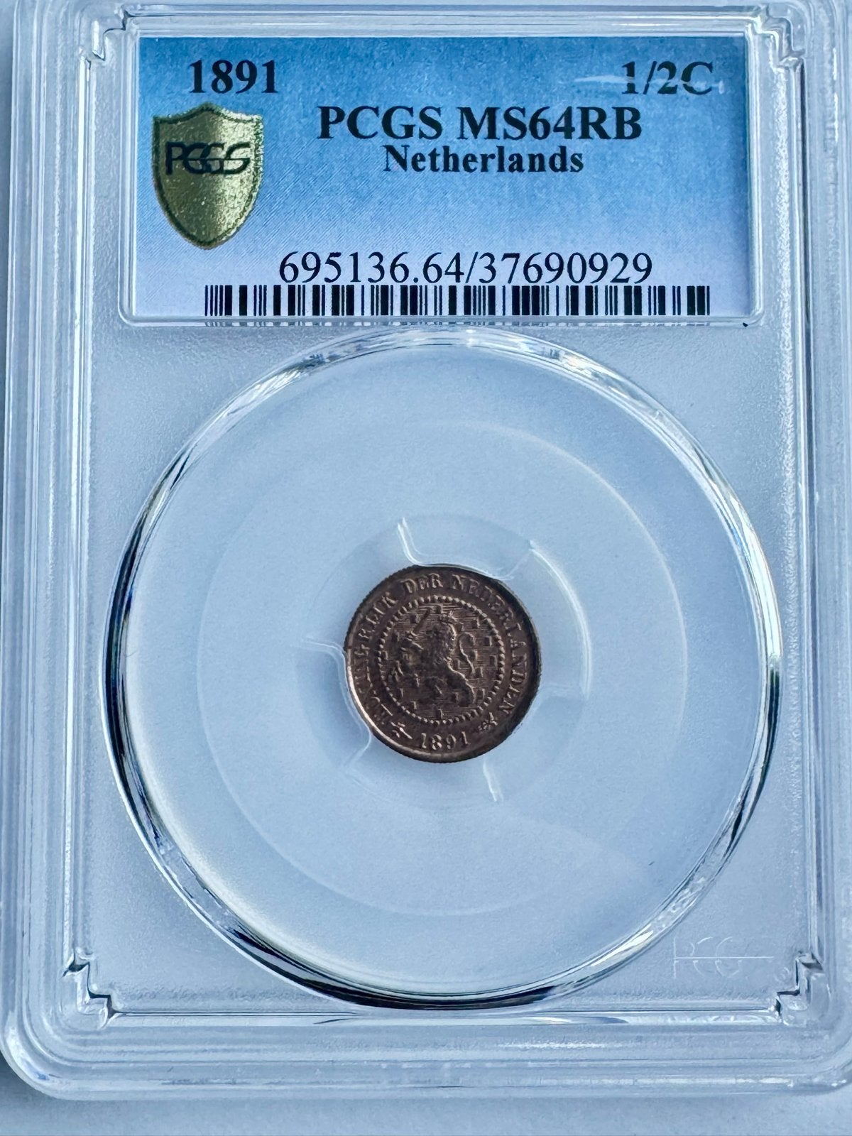 1891 1/2 Cent Nederland PCGS MS64RB, Ophalen of Verzenden, Koningin Wilhelmina, Overige waardes, Losse munt