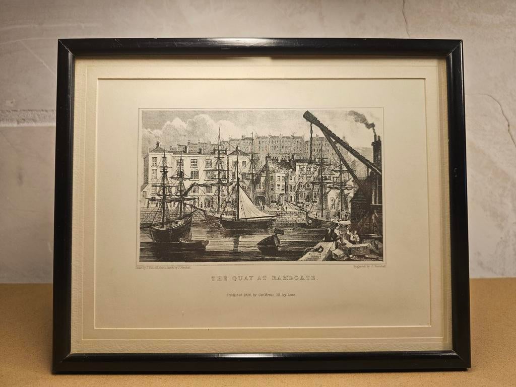Originele Gravure 'The Quay at Ramsgate' uit 1830, ingelijst, Antiek en Kunst, 1800 - 1899, Stadsgezicht, Ophalen of Verzenden