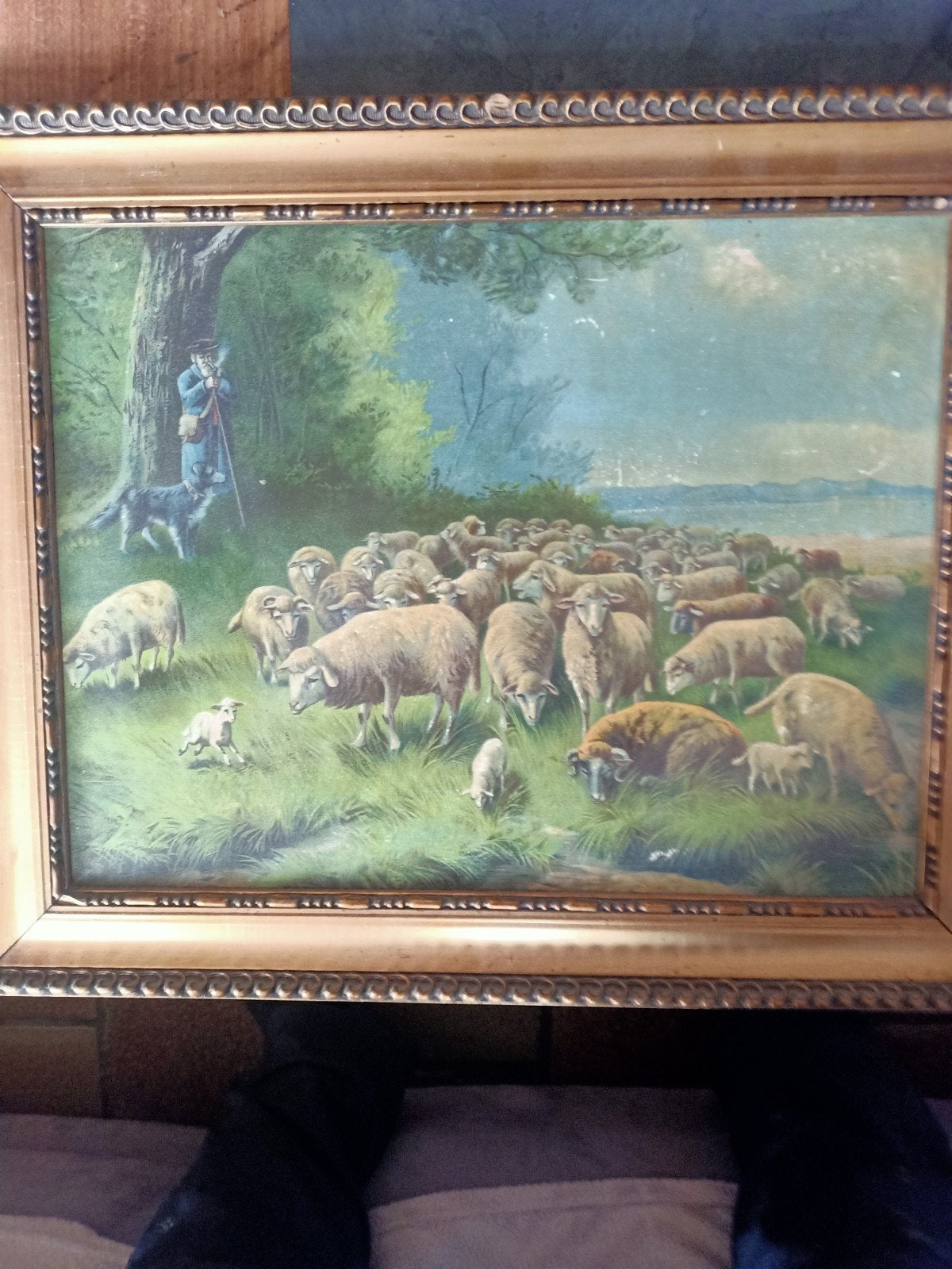herder met hond en schapen met lammetjes, Ophalen of Verzenden, Gesigneerd, Landschap