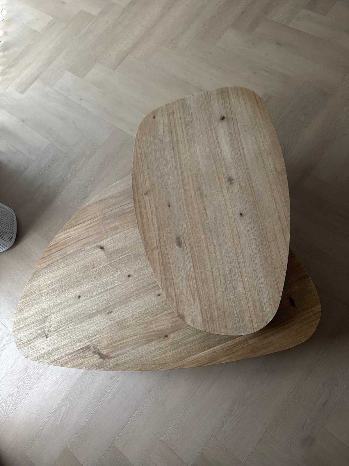 Set van 2 houten salontafels - organische vorm, Ophalen, Gebruikt, 100 tot 150 cm, 50 tot 100 cm