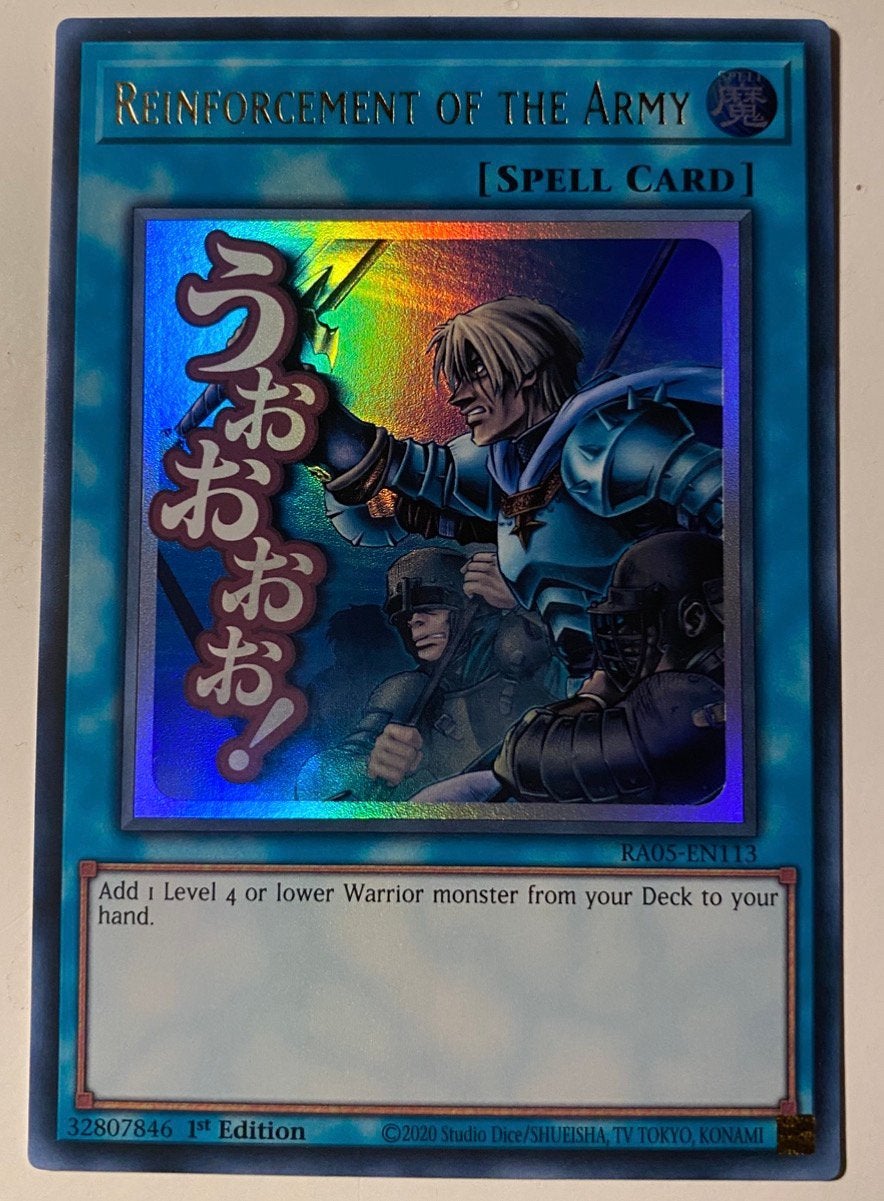 Yu-Gi-Oh! Stamped Reinforcement of the Army RA05 1st !, Ophalen of Verzenden, Zo goed als nieuw, Losse kaart, Foil