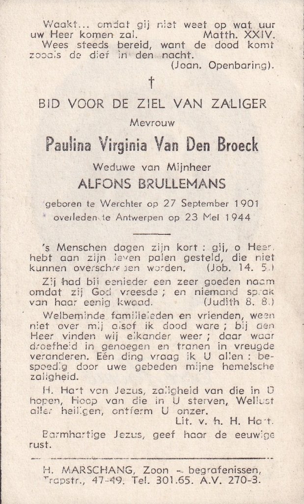 Broeck Paulina 1901 Werchter 1944 Antwerpen, Verzamelen, Ophalen of Verzenden