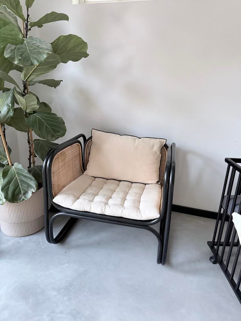 Stijlvolle rotan fauteuil met kussens, Ophalen of Verzenden, Zo goed als nieuw, Riet of Rotan, 75 tot 100 cm
