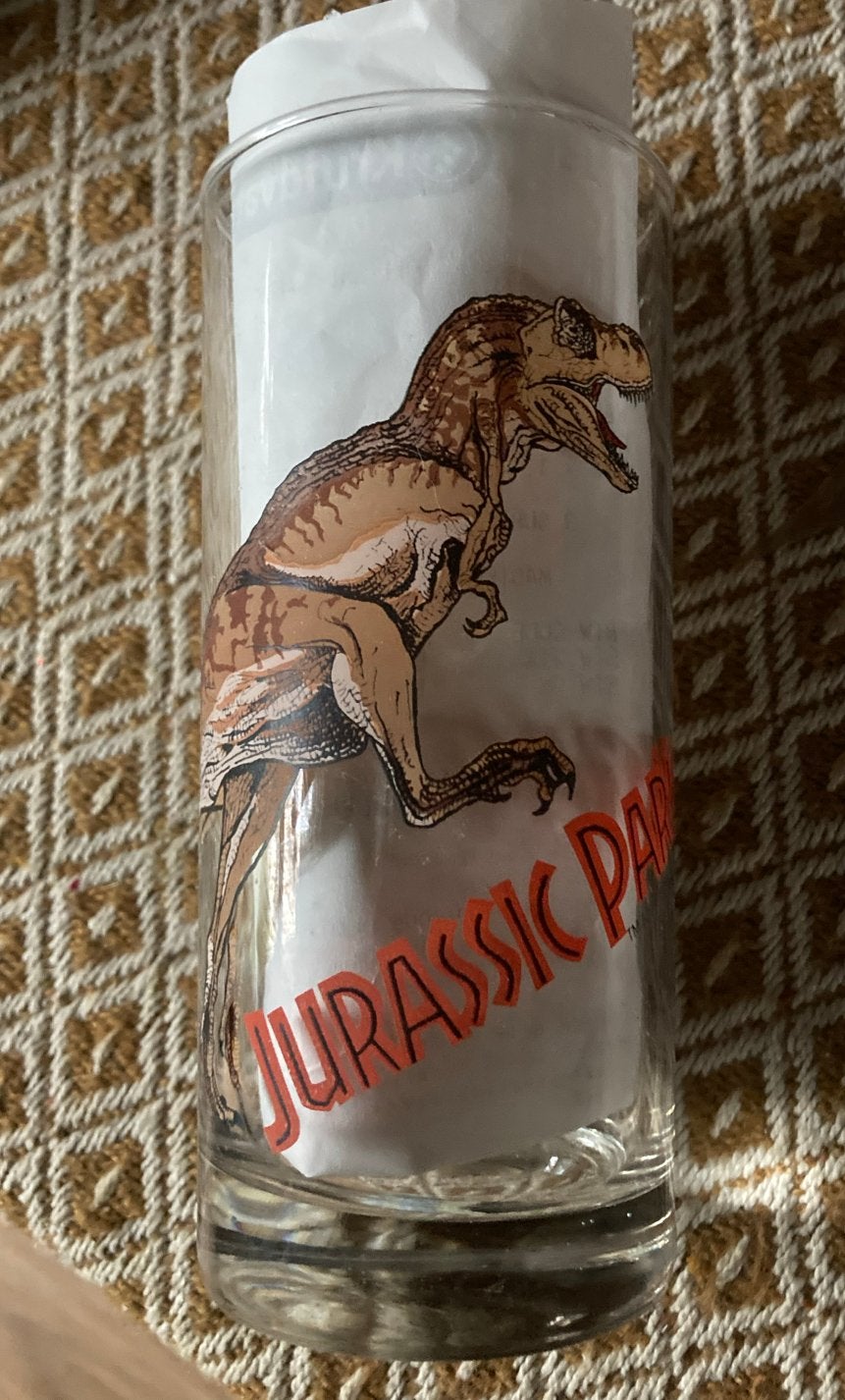 Vintage Jurassic Park T-Rex Glas - 1992, Ophalen of Verzenden, Zo goed als nieuw, Film, Gebruiksvoorwerp