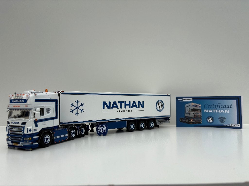 WSI  SCANIA  R 6 TOPLINE 6X2 + REEFER TRAILER  NATHAN, Hobby en Vrije tijd, Modelauto's | 1:50, Ophalen of Verzenden, Nieuw, Bus of Vrachtwagen