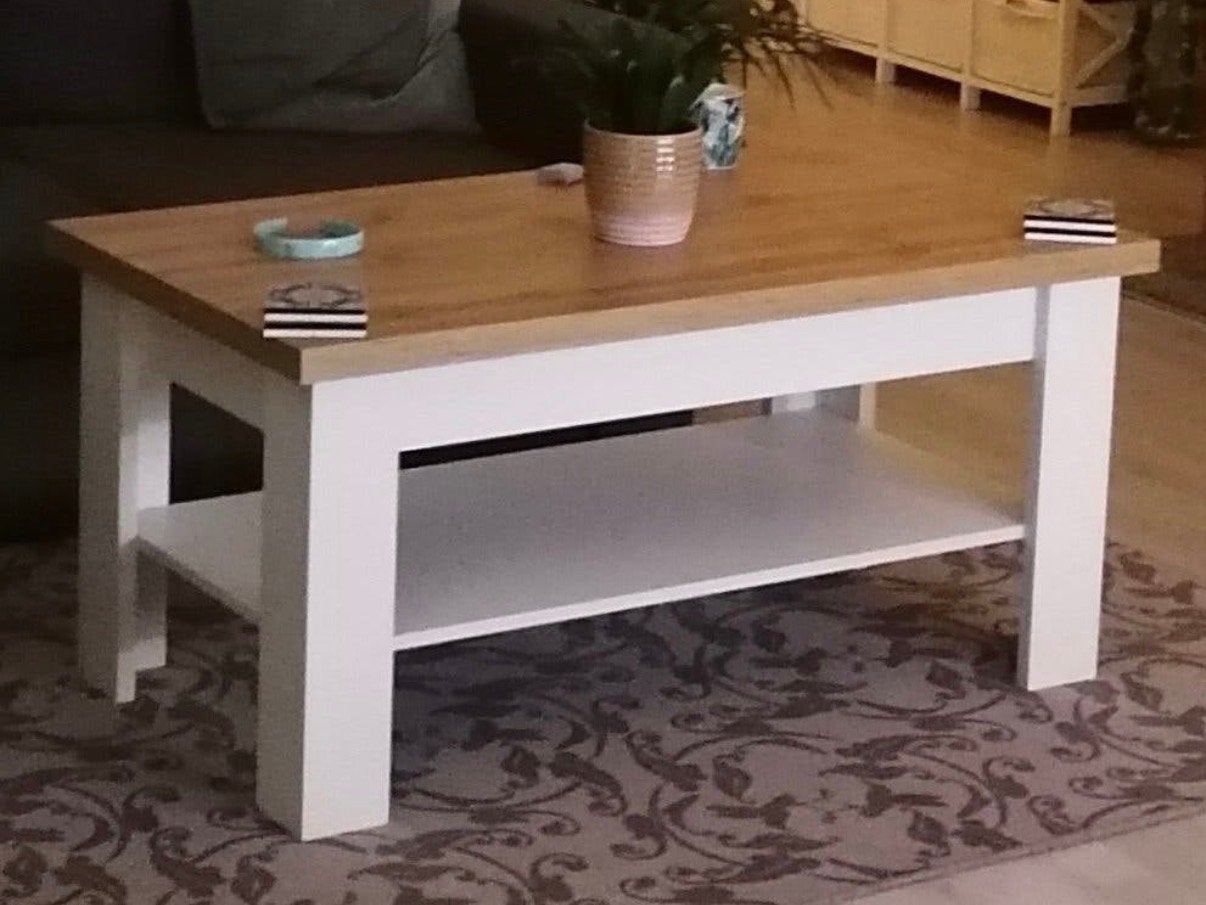 Salontafel met opbergplank - Wit met houtlook blad, Ophalen, 50 – 75, 50 tot 100 cm, 100 tot 150 cm