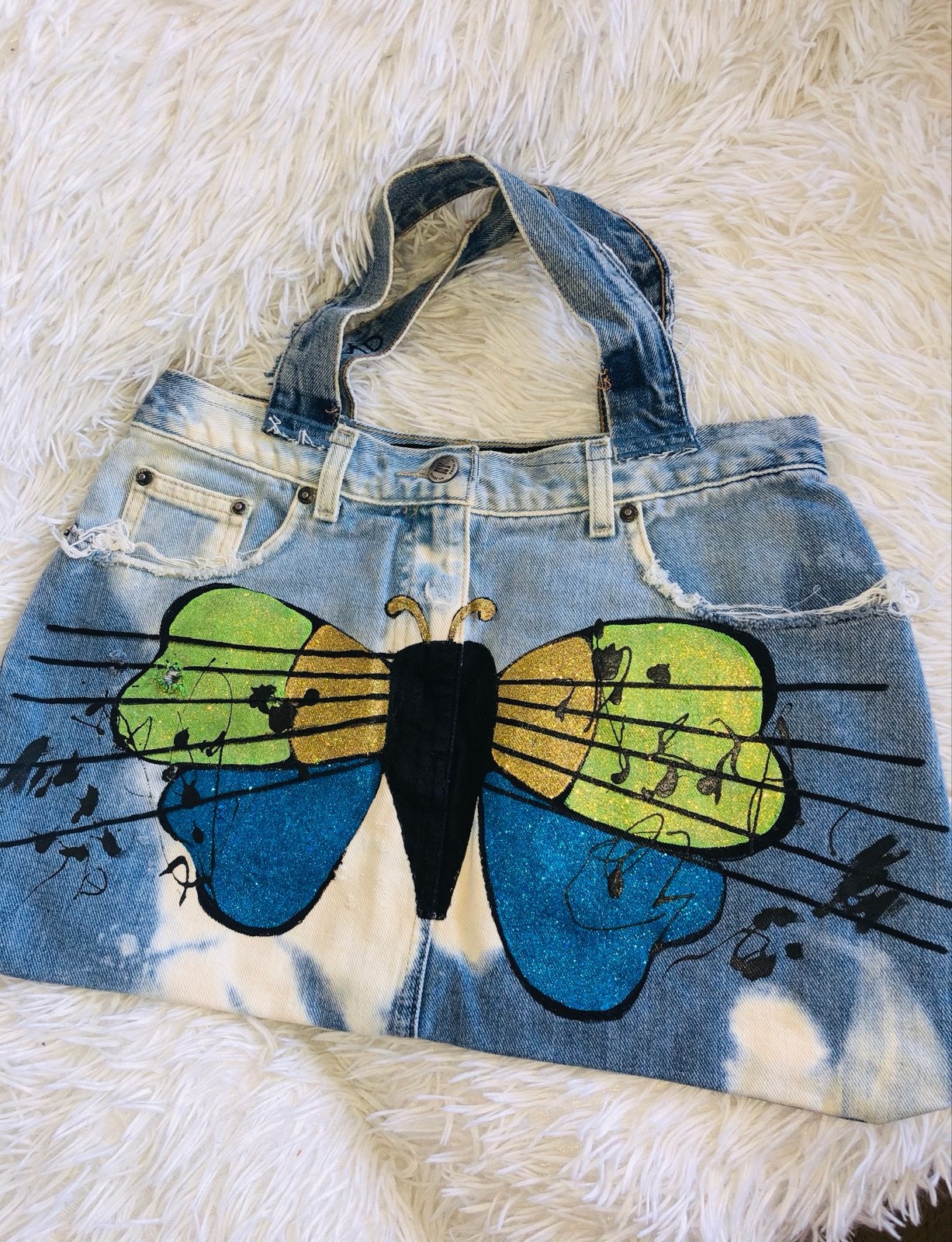 Unieke denim tas met vlinderprint en bleekeffect nieuw, Ophalen of Verzenden, Nieuw, Blauw, Handtas