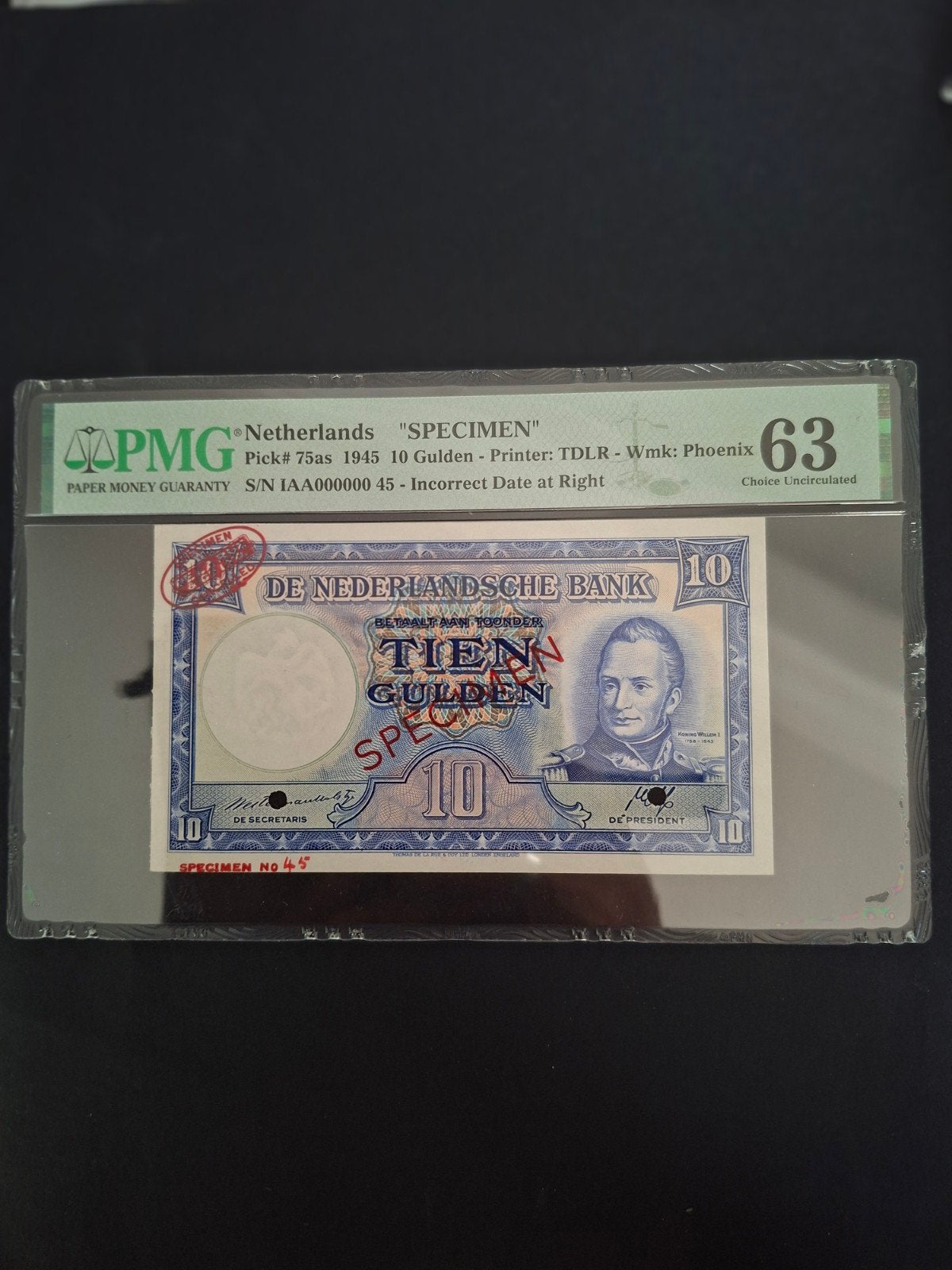 10 gulden Koning willem I SPECIMEN uit 1945 in UNC
PMG 63
Se, Verzenden, 10 gulden, Los biljet