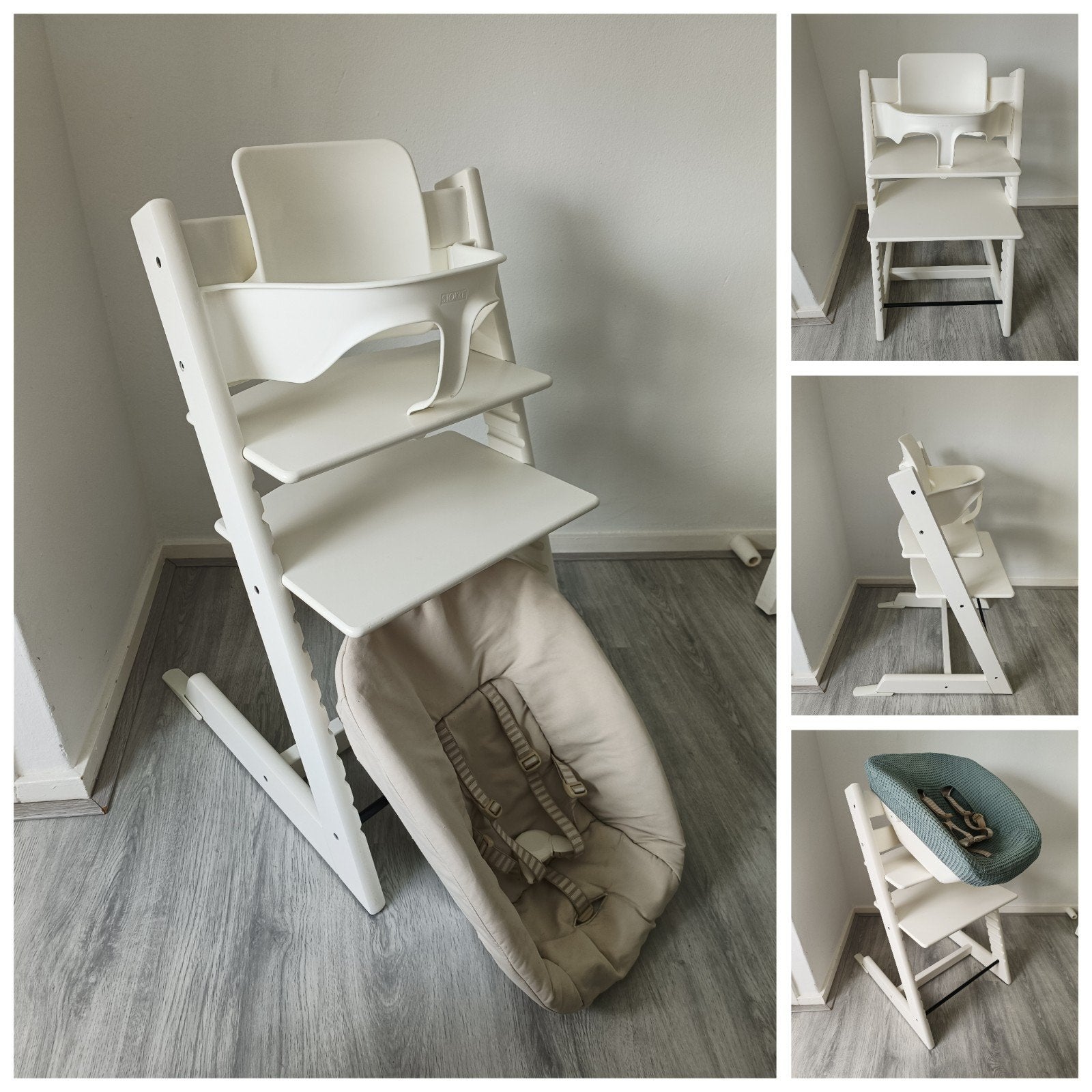 Stokke Tripp Trapp wit met babyset,newbornset,hoes evt. tray, Meegroeistoel, Ophalen of Verzenden, Zo goed als nieuw, X