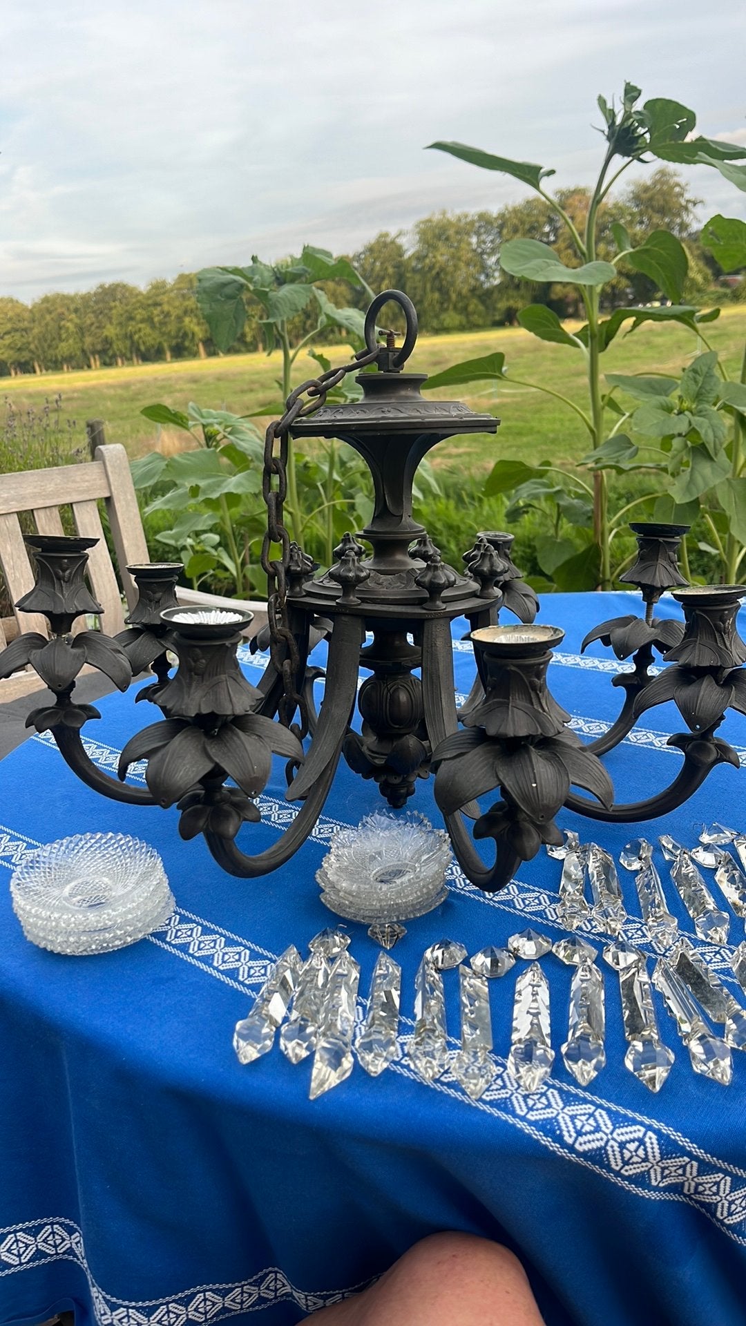 Antieke kroonluchter met kristallen hangers, Ophalen