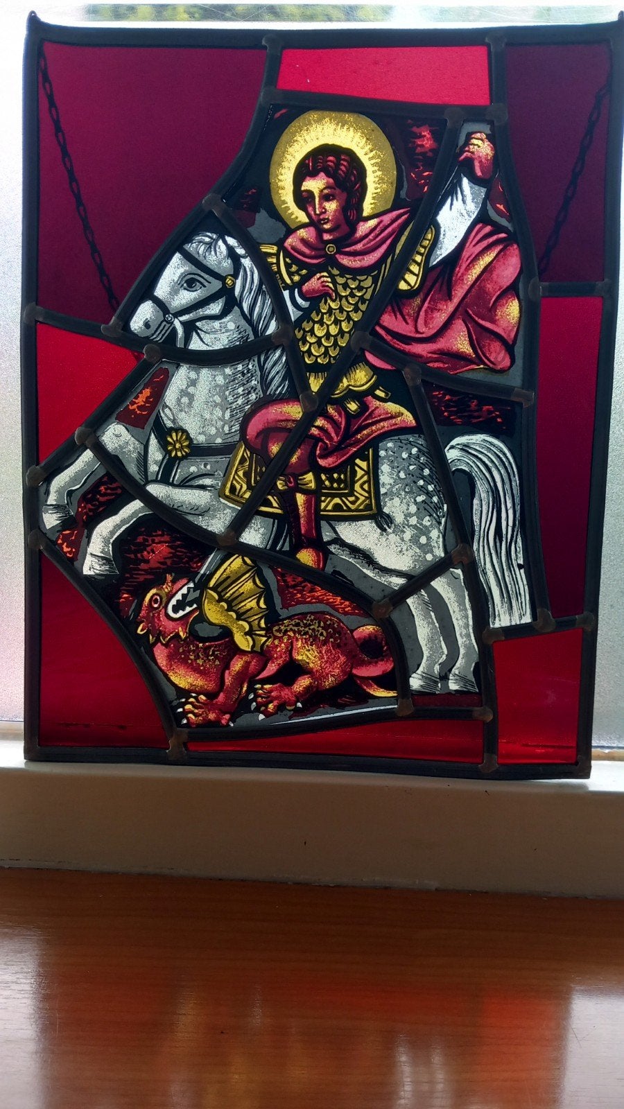 Glas-in-lood voorstelling: Sint Joris en de Draak, Antiek en Kunst, Ophalen