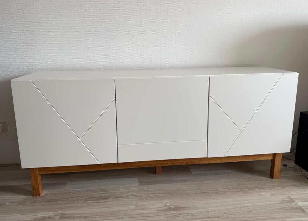 Modern dressoir wit met houten onderstel (160x40x70 cm), Ophalen, Gebruikt, 150 tot 200 cm, 25 tot 50 cm